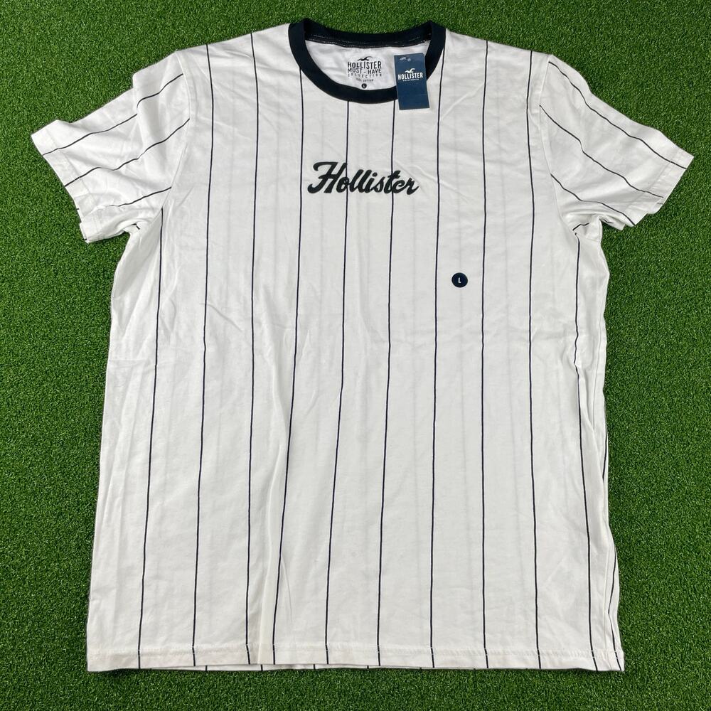 NWT Hollister Mens White Striped Short Sleeve Crew Neck T-Shirt Sz L
